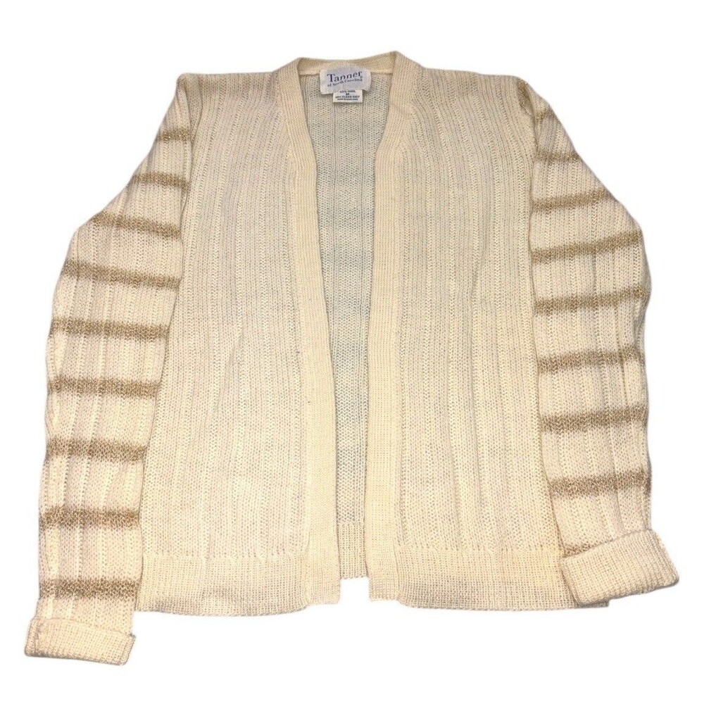 Vintage Wool Cardigan Women's Medium Ivory Gold Accents Sweater Tanner NC Open